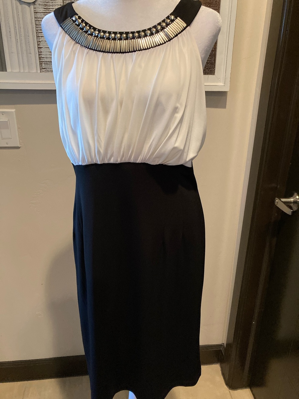 Aa Studio Black and White Beaded Neckline Cocktail Dress